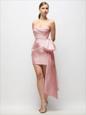 Strapless satin mini dress, dusty rose, draped pleats with long tail bow