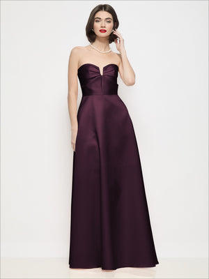 Burgundy strapless satin maxi dress with sweetheart neckline and bow-detail bust