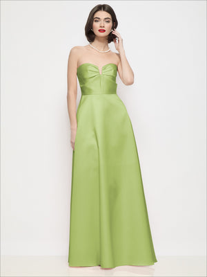 Light lime green strapless satin maxi dress with pleated semi-circle skirt and sweetheart bodice