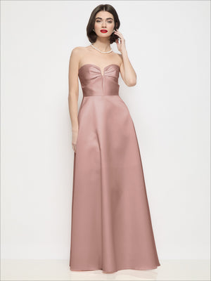 Strapless satin maxi dress with U-wire bodice and pleated semicircle skirt in blush pink