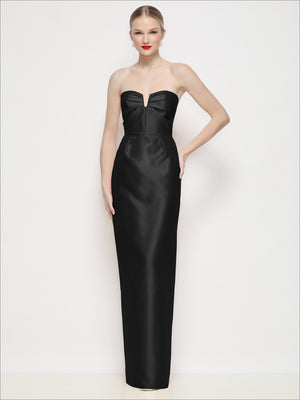 Black strapless satin maxi column dress with pleated bodice and U-wire neckline