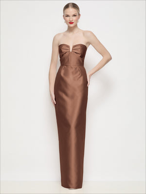 Espresso brown strapless satin column maxi dress with sweetheart bodice and center bow