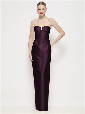 Burgundy strapless satin column maxi dress with sweetheart bodice and front bow