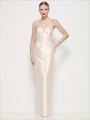 White satin strapless maxi dress with bow neckline and pleated U-wire bodice