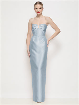 Light blue strapless satin maxi column dress with pleated bust and structured U-wire bodice
