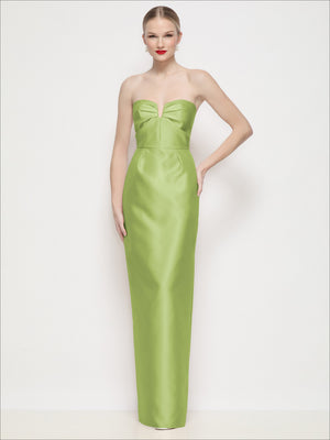 Strapless satin column maxi dress with U-wire bodice, pleated bust, light green