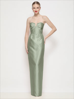 Strapless satin column maxi dress with U-wire bodice, pleated bust, muted sage green