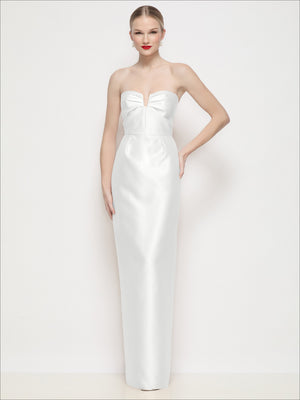 White satin strapless maxi dress with bow neckline and pleated U-wire bodice