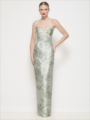 Sage green strapless satin maxi column dress with tonal floral print, pleated bodice, U-wire neckline