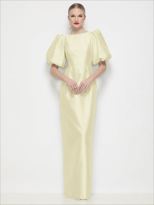 Light yellow satin column maxi dress with bateau neckline and puff sleeves
