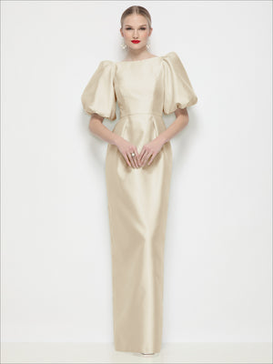 Ivory satin column maxi dress with bateau neck and puff sleeves