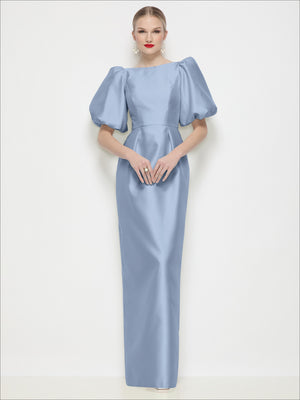 Powder blue satin column maxi dress with bateau neck and puff sleeves, front view