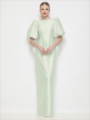 Pale mint satin column maxi dress with bateau neckline and puff sleeves
