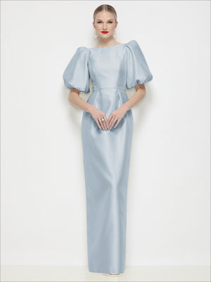 Powder blue satin column maxi dress with bateau neck and puff sleeves, full-length
