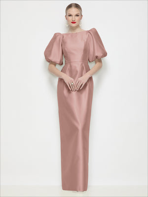 Blush pink satin column maxi dress with puff sleeves and bateau neckline