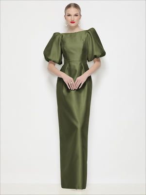Olive satin column maxi dress with bateau neckline and puff sleeves