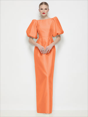 Orange satin column maxi dress with bateau neckline and puff sleeves