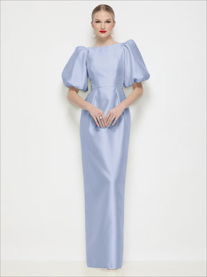 Powder blue satin column maxi dress with bateau neck and puff sleeves