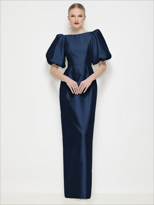 Deep navy satin column maxi dress with bateau neck and wide puff sleeves