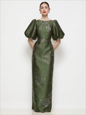 Olive satin column maxi dress with bateau neck, puff sleeves, gilt floral embossing