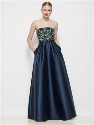 Strapless sequin bodice maxi dress with navy satin full skirt, mosaic floral pattern