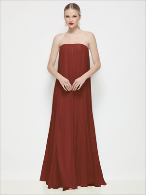 Strapless shirred chiffon maxi dress in rust brown, gathered bandeau bodice