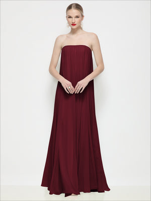 Strapless shirred chiffon maxi dress in deep burgundy, gathered bandeau bodice