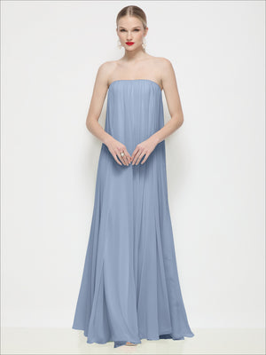 Light blue strapless shirred chiffon maxi dress, front view, trapeze drape