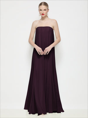 Dark plum strapless shirred chiffon trapeze maxi dress, straight-on view
