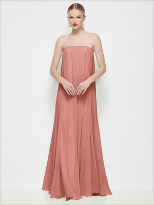 Rose pink strapless shirred chiffon maxi trapeze dress with gathered bodice