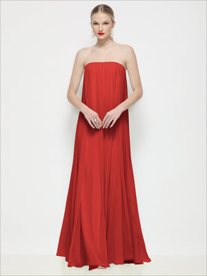 Red strapless shirred chiffon maxi dress with flowing trapeze silhouette