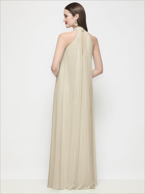 Women’s shirred chiffon halter trapeze dress, ivory, open back drape, maxi length