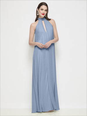 Light blue chiffon halter trapeze maxi dress with shirred bodice and keyhole neckline.