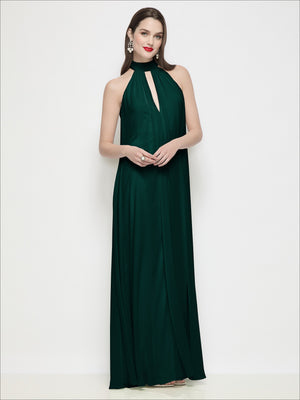 Dark green halter chiffon trapeze dress with shirred bodice and keyhole front detail