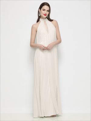 Slip-on shirred chiffon halter dress, cream ivory, halter neckline and long pleated maxi silhouette.