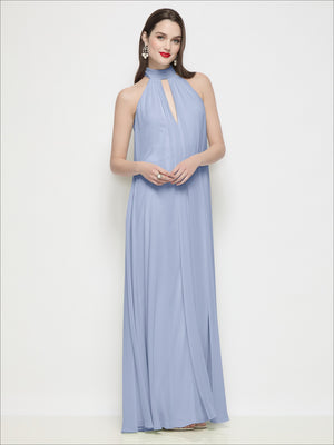 Periwinkle blue halter chiffon maxi dress with shirred bodice and keyhole neckline