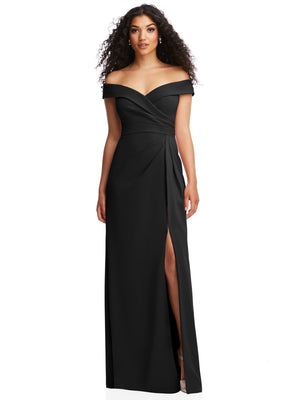 Black off-the-shoulder pleated faux wrap maxi dress with side slit