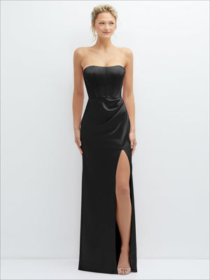 Black strapless corset satin maxi dress with draped skirt and front slit