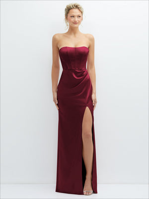 Burgundy strapless corset satin maxi dress, draped waist, thigh-high slit