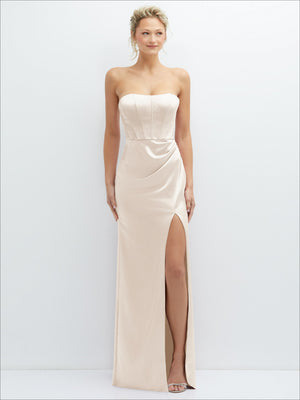 Cream strapless satin corset maxi dress with draped skirt and front slit