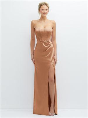 Copper strapless satin corset maxi dress with draped bodice and front slit