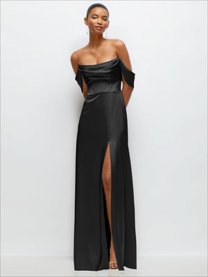 Satin A-line maxi dress in black, off-the-shoulder drape and front slit