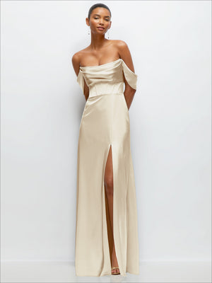 Champagne satin A-line maxi dress, convertible off-shoulder with side slit