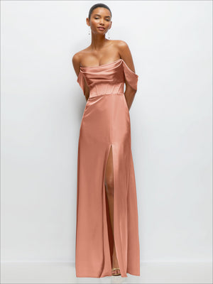 Dusty rose satin A-line maxi dress, off-shoulder folded neckline and front slit