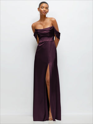 Burgundy satin A-line maxi dress with convertible off-the-shoulder drape and front slit
