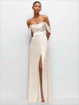 Satin A-line maxi dress in champagne, off-the-shoulder drape and front slit