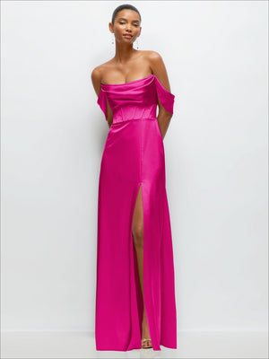 Fuchsia satin A-line maxi dress with convertible off-shoulder look and side slit