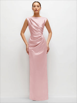 Pink satin high-neck sleeveless maxi dress with ruched wrap bodice and smooth skirt.