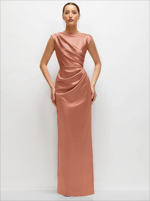 Ballet pink satin maxi dress, high sleeveless neck, draped waist detail