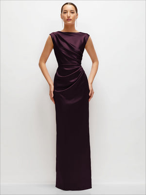 Burgundy satin maxi dress with high neck and ruched drape at waist, sleeveless